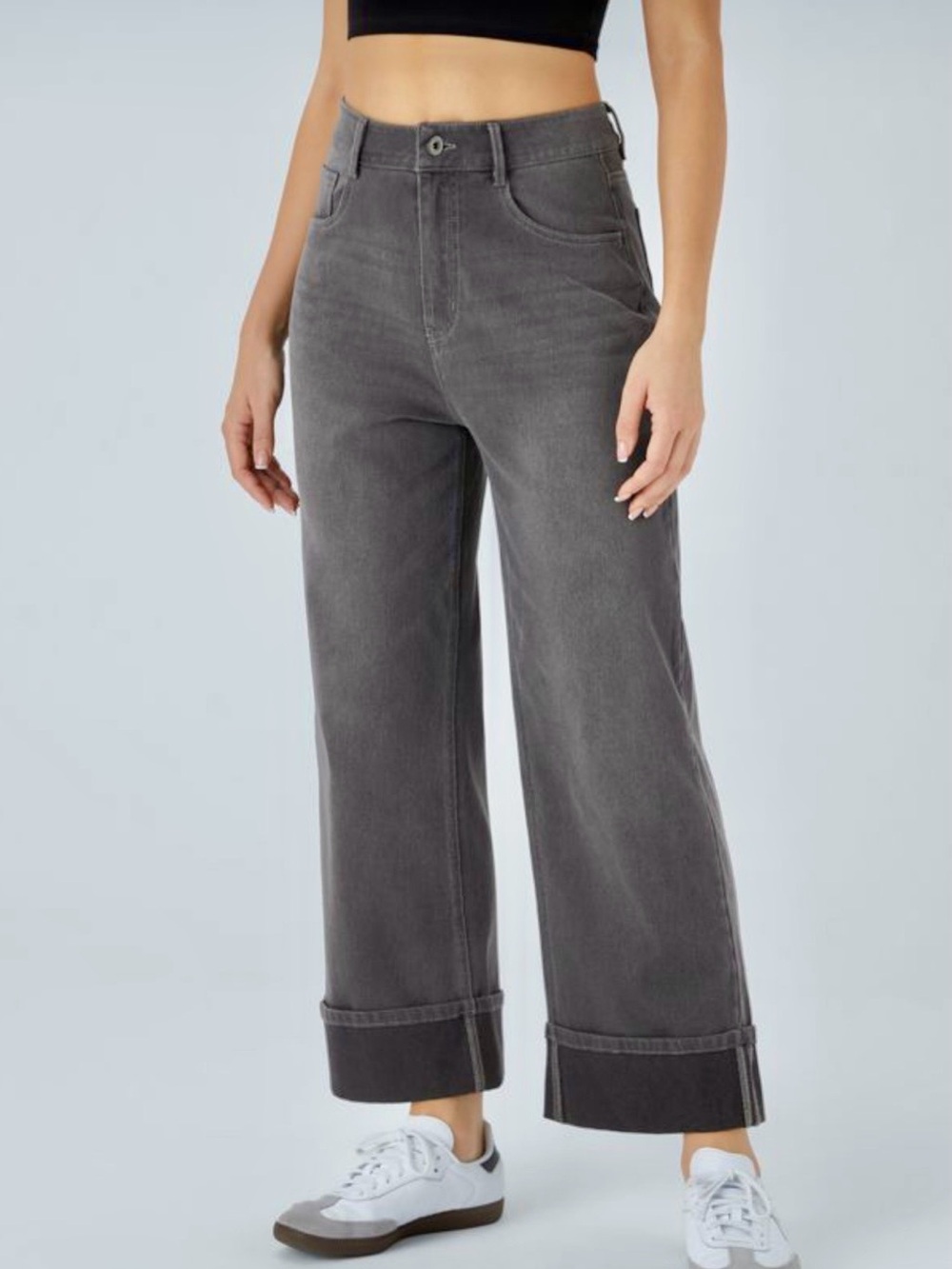 Halara Flex™ Denim High Waisted Rolled Hem Wide Leg Washed Denim Stretch Jeans